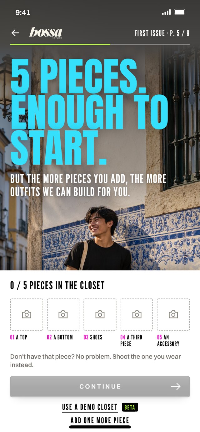 App screen: photograph 5 pieces to start.