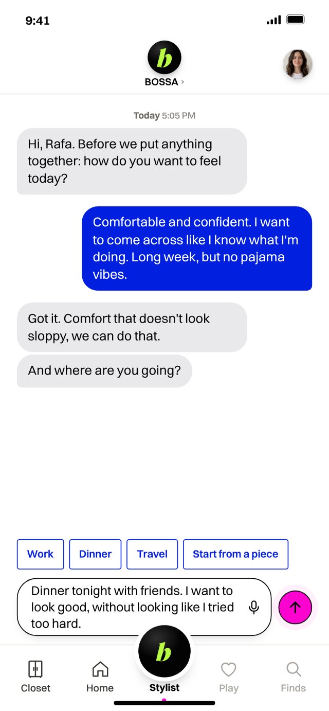 App screen: a chat with BOSSA about how you want to feel today.