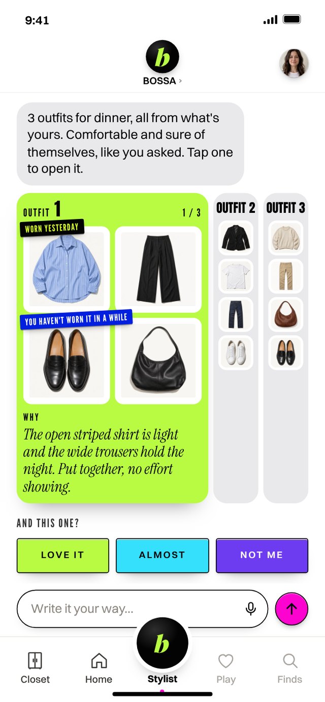 App screen: three outfits built from your own pieces, each with the why.
